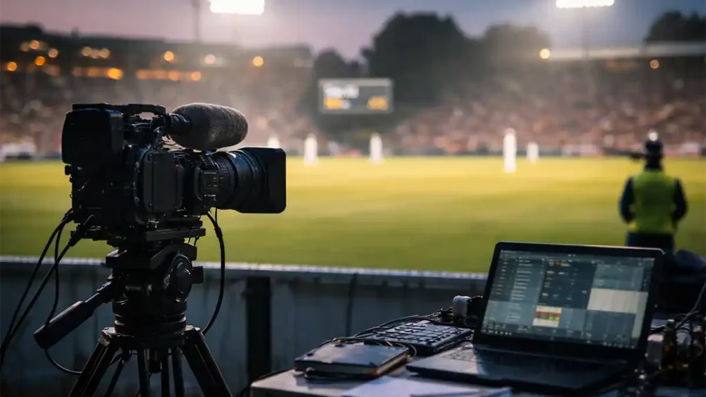 TV broadcast camera at the cricket boundary during a twilight match with blurred players and stadium crowd in the background