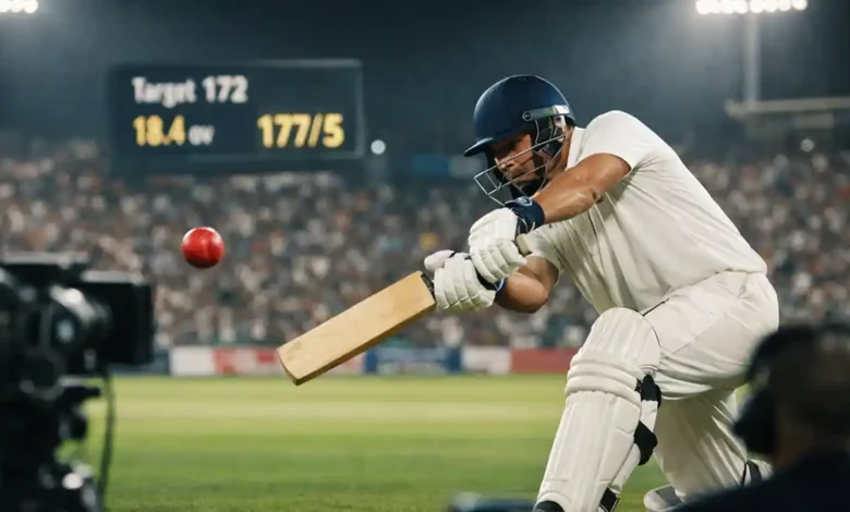 Cricketer playing a cover drive under floodlights with a packed stadium and scoreboard in the background