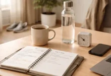 Minimalist desk with planner, coffee, water bottle, timer, and phone face-down in morning light showing a daily routine and time-blocking setup