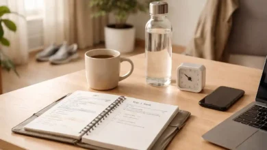 Minimalist desk with planner, coffee, water bottle, timer, and phone face-down in morning light showing a daily routine and time-blocking setup