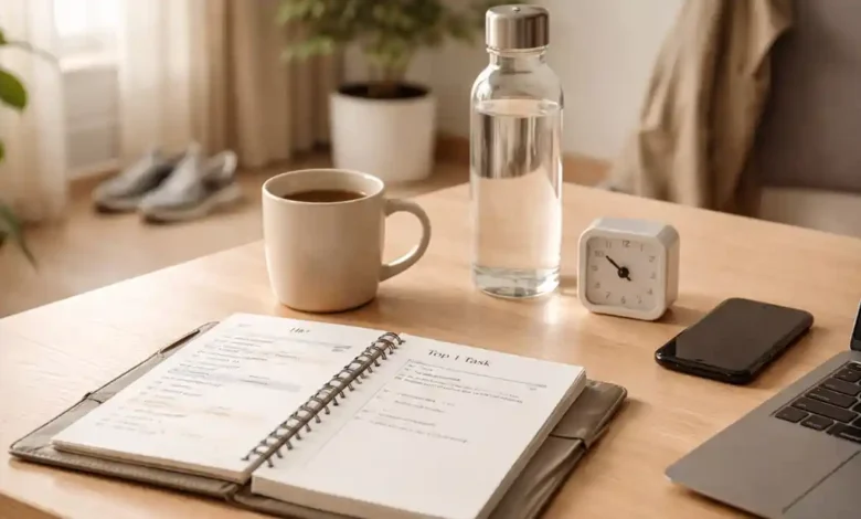Minimalist desk with planner, coffee, water bottle, timer, and phone face-down in morning light showing a daily routine and time-blocking setup