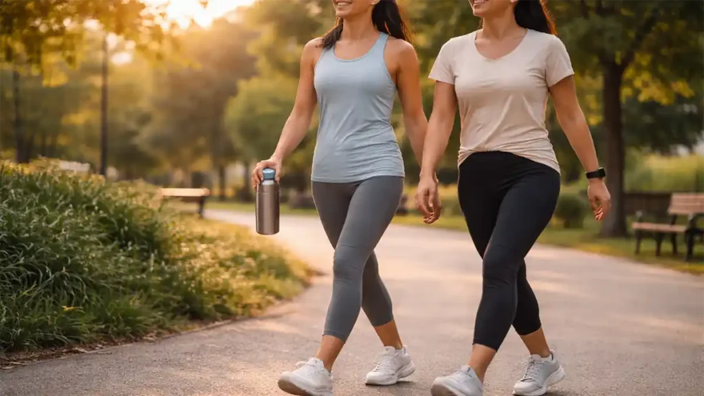 Person walking outdoors at golden hour with smartwatch and water bottle for safe beginner weight loss.