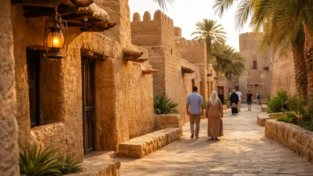 Visitors walking through Diriyah’s At-Turaif district with traditional mud-brick buildings, lanterns, and palm trees in late afternoon.