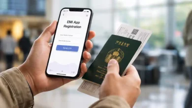 Traveler holding a phone showing EMI App “Trip Submitted Verified” near airport e-gates with a Pakistan passport and luggage.