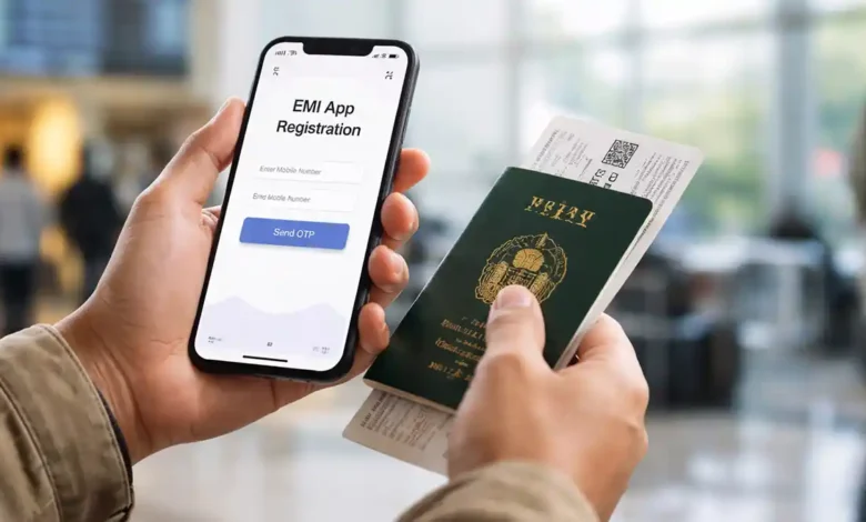 Traveler holding a phone showing EMI App “Trip Submitted Verified” near airport e-gates with a Pakistan passport and luggage.