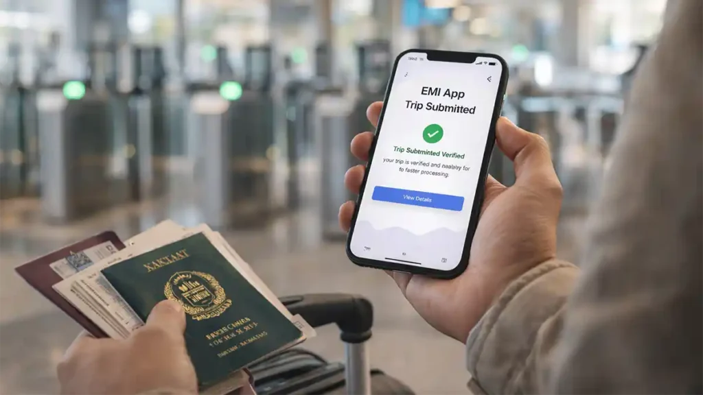 Traveler holding a phone showing EMI App registration with a Pakistan passport and boarding pass at an airport.