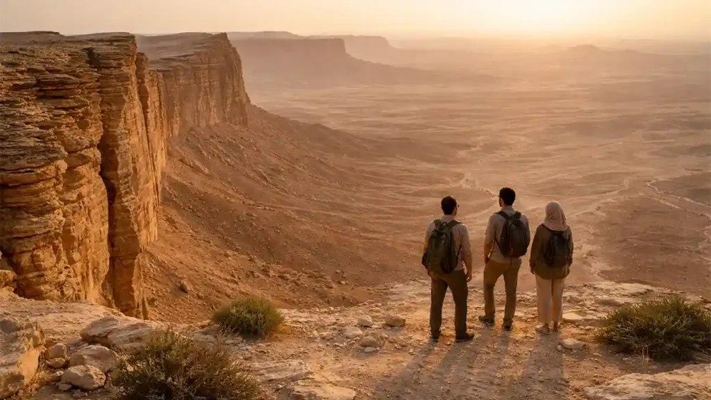 Hikers overlooking the Edge of the World cliffs near Riyadh, with a vast desert landscape stretching to the horizon in warm sunlight.