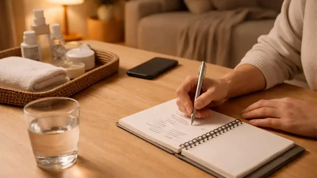 Hands planning tomorrow in a notebook on a warm-lit table with water, pen, phone set aside, and tidy self-care items showing an evening routine reset