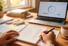 Hand on a sunlit desk with a laptop and study notes, representing calm exam preparation