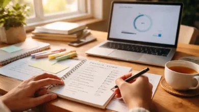 Hand on a sunlit desk with a laptop and study notes, representing calm exam preparation