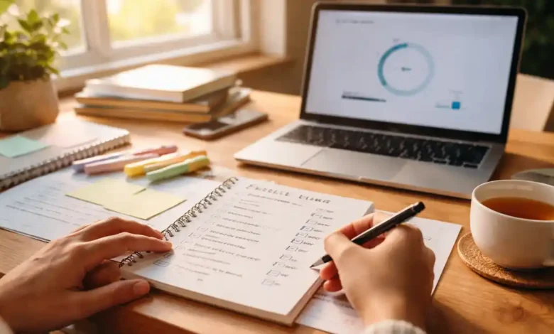 Hand on a sunlit desk with a laptop and study notes, representing calm exam preparation