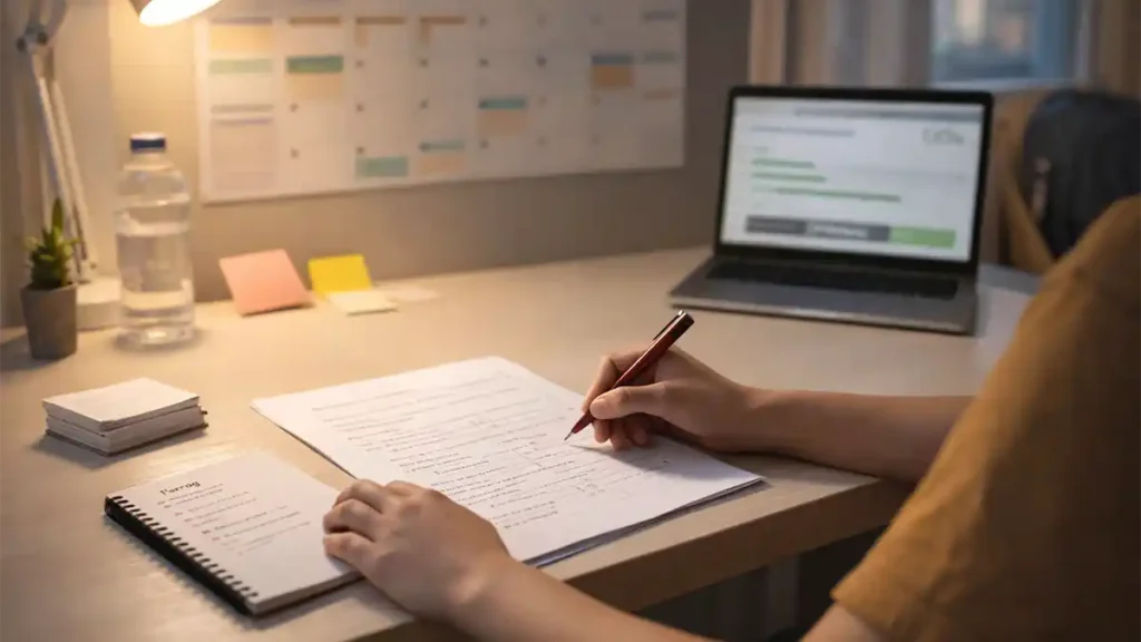 Student reviewing a practice test with a planner and timer