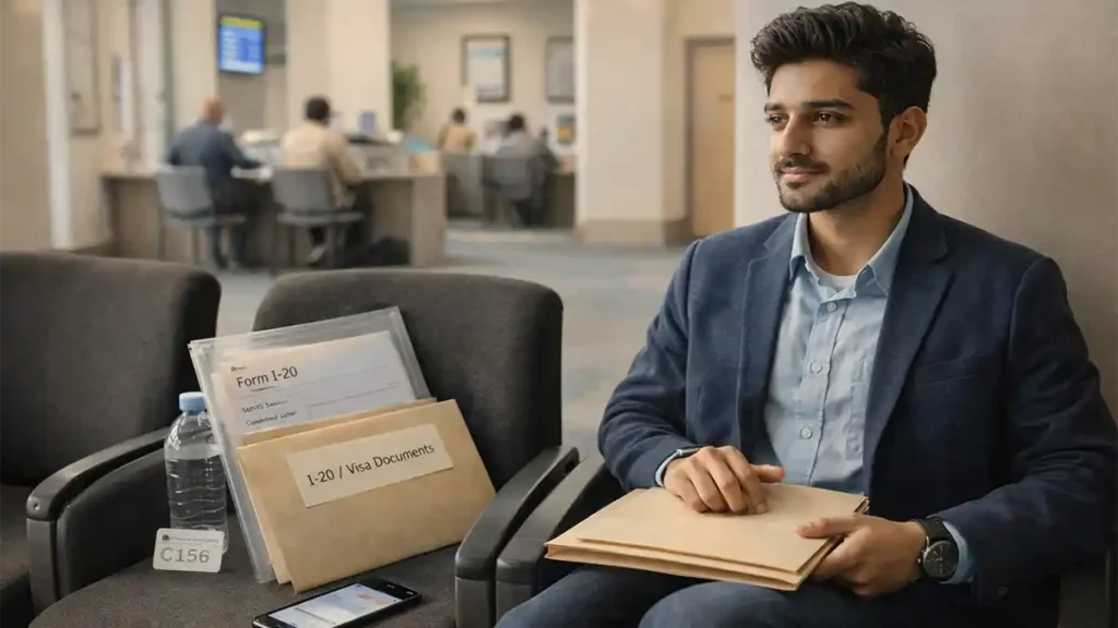 Pakistani student waiting for a U.S. visa interview with Form I-20 folder, SEVIS documents, and admission paperwork in a consulate-style waiting area.