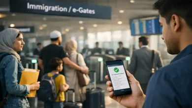 Traveler holding a phone with e-immigration verification screen near Pakistan airport immigration e-gates as other passengers queue.