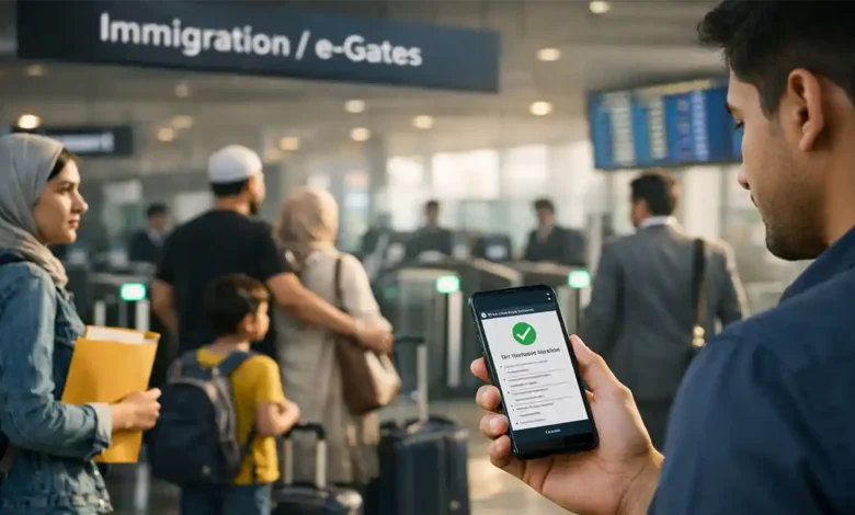Traveler holding a phone with e-immigration verification screen near Pakistan airport immigration e-gates as other passengers queue.