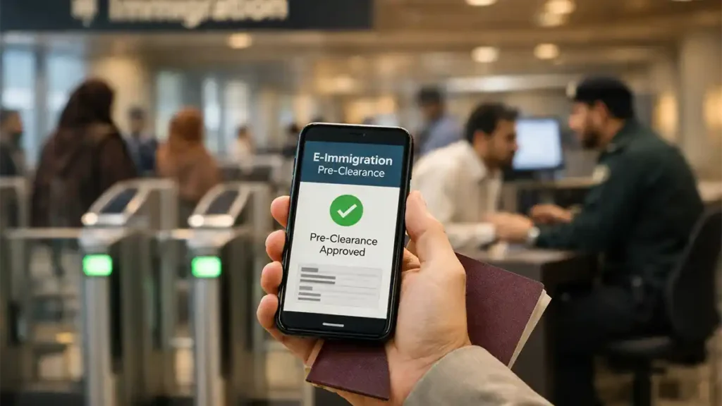 Traveler holding passport and phone showing e-immigration pre-clearance near Pakistan airport e-gates and an immigration counter