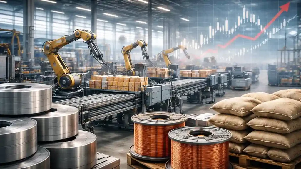 Factory conveyor and robotic arms with raw materials like steel, copper, and grain sacks, symbolizing production costs driving global prices.