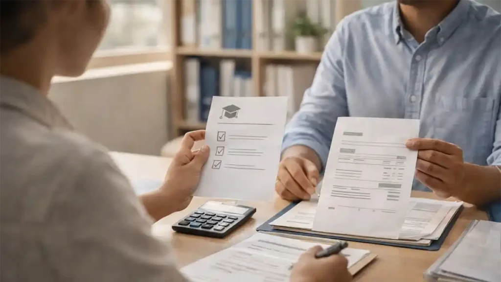 Student meeting a financial aid officer to review scholarship checklist and tuition documents in a bright university office