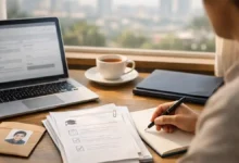 Student filling out scholarship application at a desk with laptop, documents, notebook, and tea in warm natural light