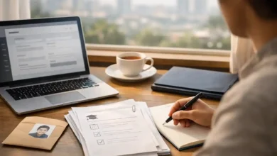 Student filling out scholarship application at a desk with laptop, documents, notebook, and tea in warm natural light