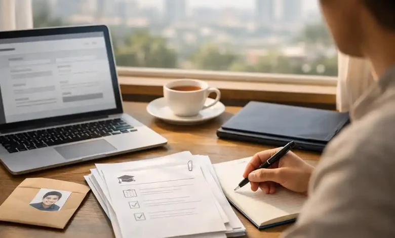 Student filling out scholarship application at a desk with laptop, documents, notebook, and tea in warm natural light