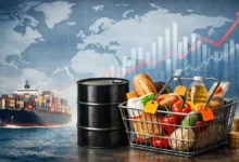 Cargo ship, oil barrel, and grocery basket with price tags over a world map and rising chart, representing global inflation drivers.