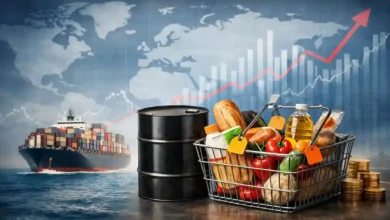 Cargo ship, oil barrel, and grocery basket with price tags over a world map and rising chart, representing global inflation drivers.