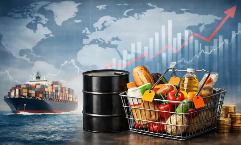 Cargo ship, oil barrel, and grocery basket with price tags over a world map and rising chart, representing global inflation drivers.