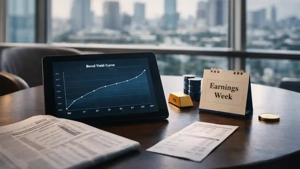 Tablet showing bond yield curve beside market newspaper, small gold and oil props, and a currency exchange receipt on a café table.