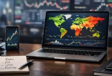 Laptop showing global market heatmap with stock charts, phone candlestick chart, and notepad listing rates, oil, USD, and earnings.