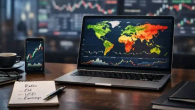 Laptop showing global market heatmap with stock charts, phone candlestick chart, and notepad listing rates, oil, USD, and earnings.