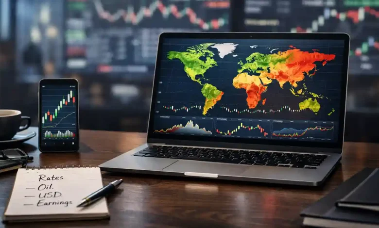 Laptop showing global market heatmap with stock charts, phone candlestick chart, and notepad listing rates, oil, USD, and earnings.