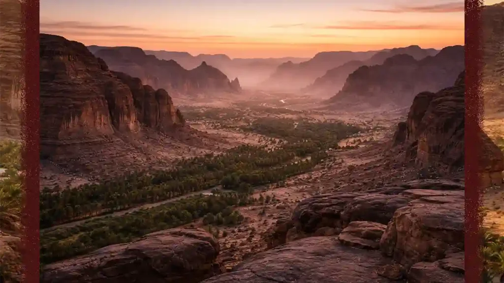 Panoramic sunset view from Harrat Viewpoint in AlUla, showing layered sandstone mountains, hazy desert valleys, and a ribbon of green palm oasis below.