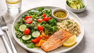 Balanced plate method meal with half vegetables, grilled salmon, quinoa, and a small serving of avocado on a white plate.
