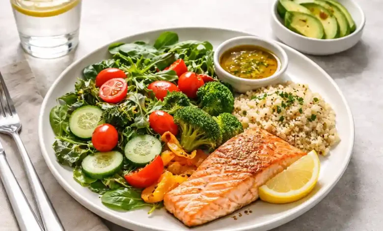 Balanced plate method meal with half vegetables, grilled salmon, quinoa, and a small serving of avocado on a white plate.