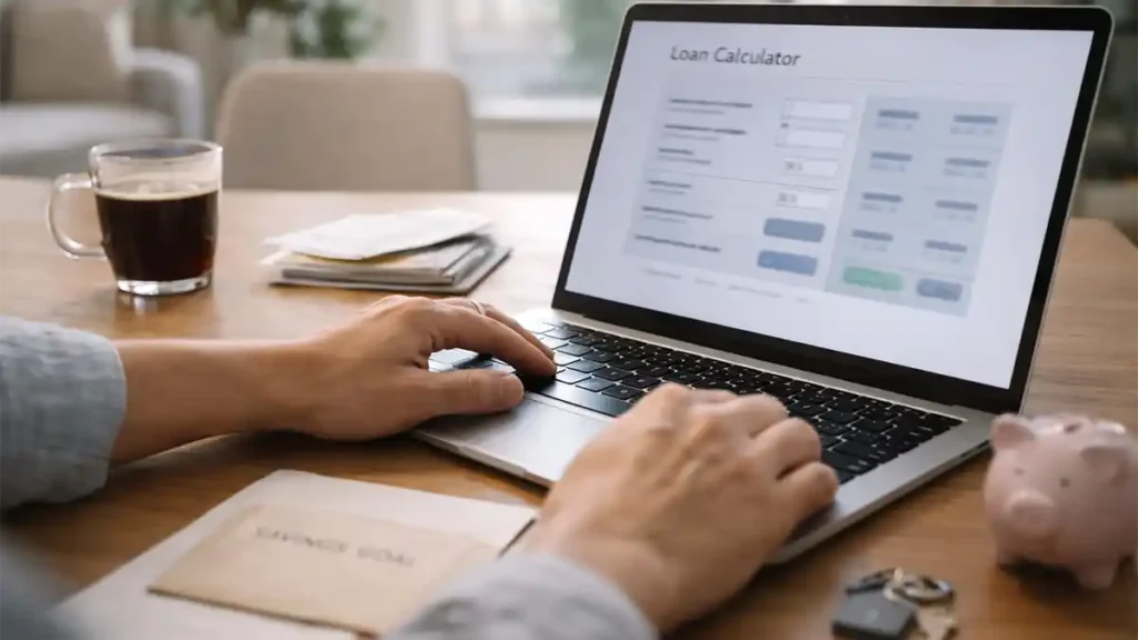 Hands using a laptop loan calculator on a home table with coffee, bills, a savings goal envelope, piggy bank, and keys showing interest rates impact.