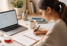 Student studying at a tidy desk with a to-do list, notebook, and Pomodoro timer to avoid procrastination.