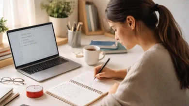 Student studying at a tidy desk with a to-do list, notebook, and Pomodoro timer to avoid procrastination.