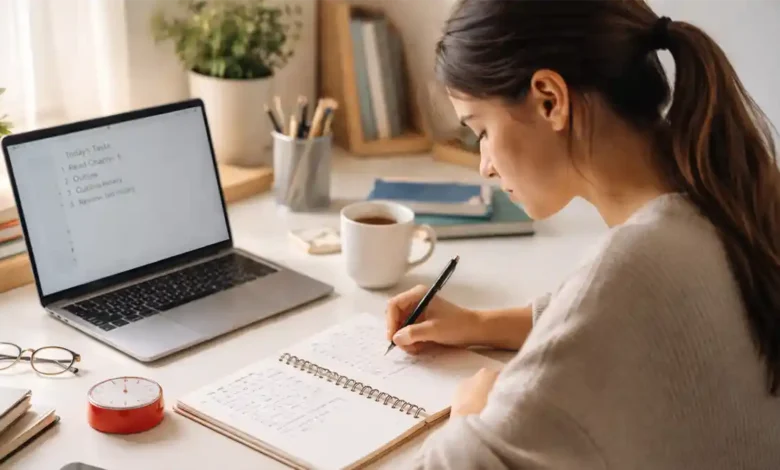 Student studying at a tidy desk with a to-do list, notebook, and Pomodoro timer to avoid procrastination.