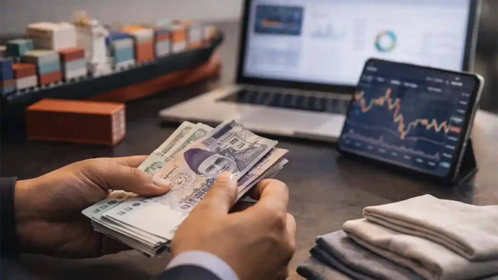 Currency exchange desk scene illustrating Pakistan imports and USD to PKR exchange rate movements