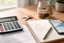 Calculator, notebook with APR and APY notes, banking app on phone, savings jar, and house keys on a desk representing loans and savings interest rates.