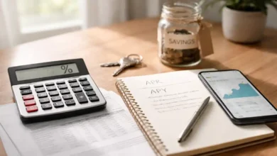 Calculator, notebook with APR and APY notes, banking app on phone, savings jar, and house keys on a desk representing loans and savings interest rates.