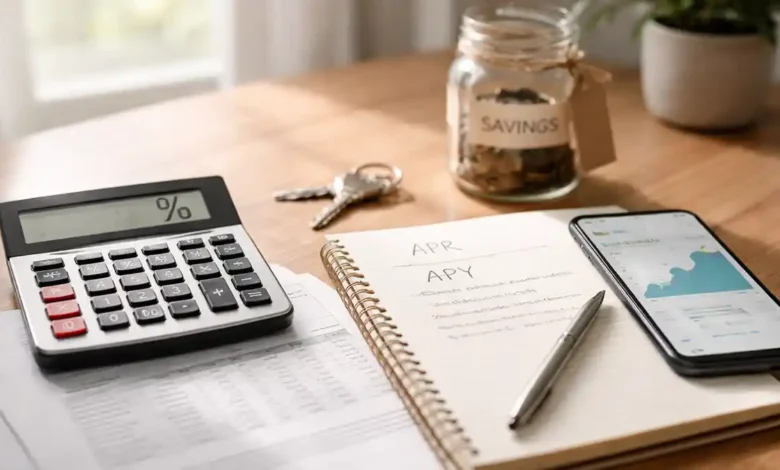 Calculator, notebook with APR and APY notes, banking app on phone, savings jar, and house keys on a desk representing loans and savings interest rates.