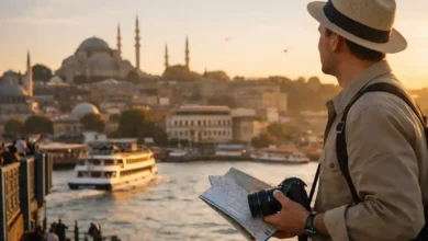 Traveler on Galata Bridge holding a map and camera, watching a ferry on the Bosphorus at sunset with Istanbul’s mosque skyline in the background.