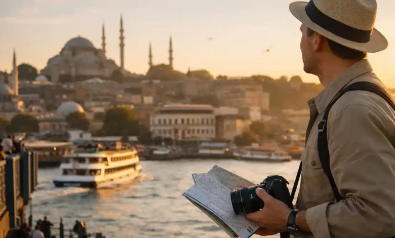Traveler on Galata Bridge holding a map and camera, watching a ferry on the Bosphorus at sunset with Istanbul’s mosque skyline in the background.