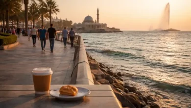 Golden-hour view of Jeddah Corniche with the Red Sea, Al Rahma Floating Mosque in the distance, and a coffee with pastry in the foreground.
