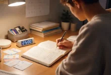 Student revising at a desk under a warm lamp the night before an exam with notebook, flashcards, and a timer