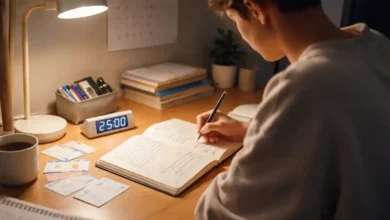 Student revising at a desk under a warm lamp the night before an exam with notebook, flashcards, and a timer