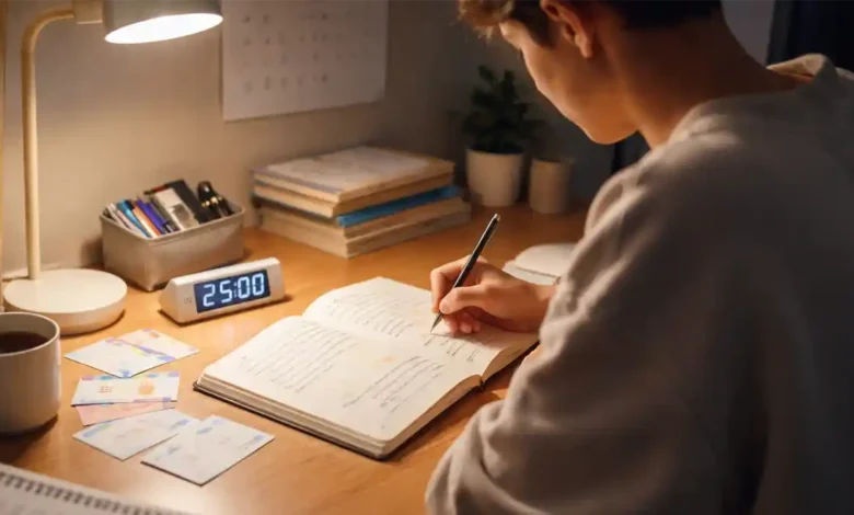 Student revising at a desk under a warm lamp the night before an exam with notebook, flashcards, and a timer