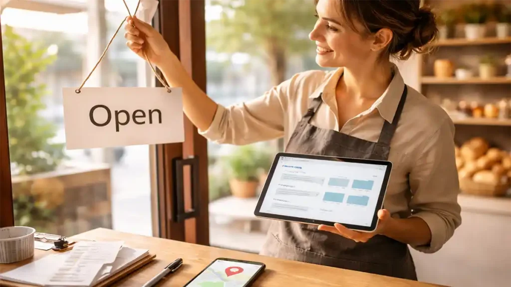 A small business owner in a local shop holds a tablet with a generic search results layout while a phone shows map pin and call icons.